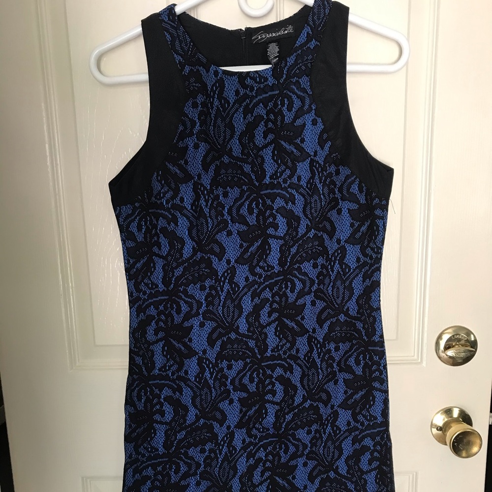 Socialite Dress in Blue w/ Black Lace Overlay